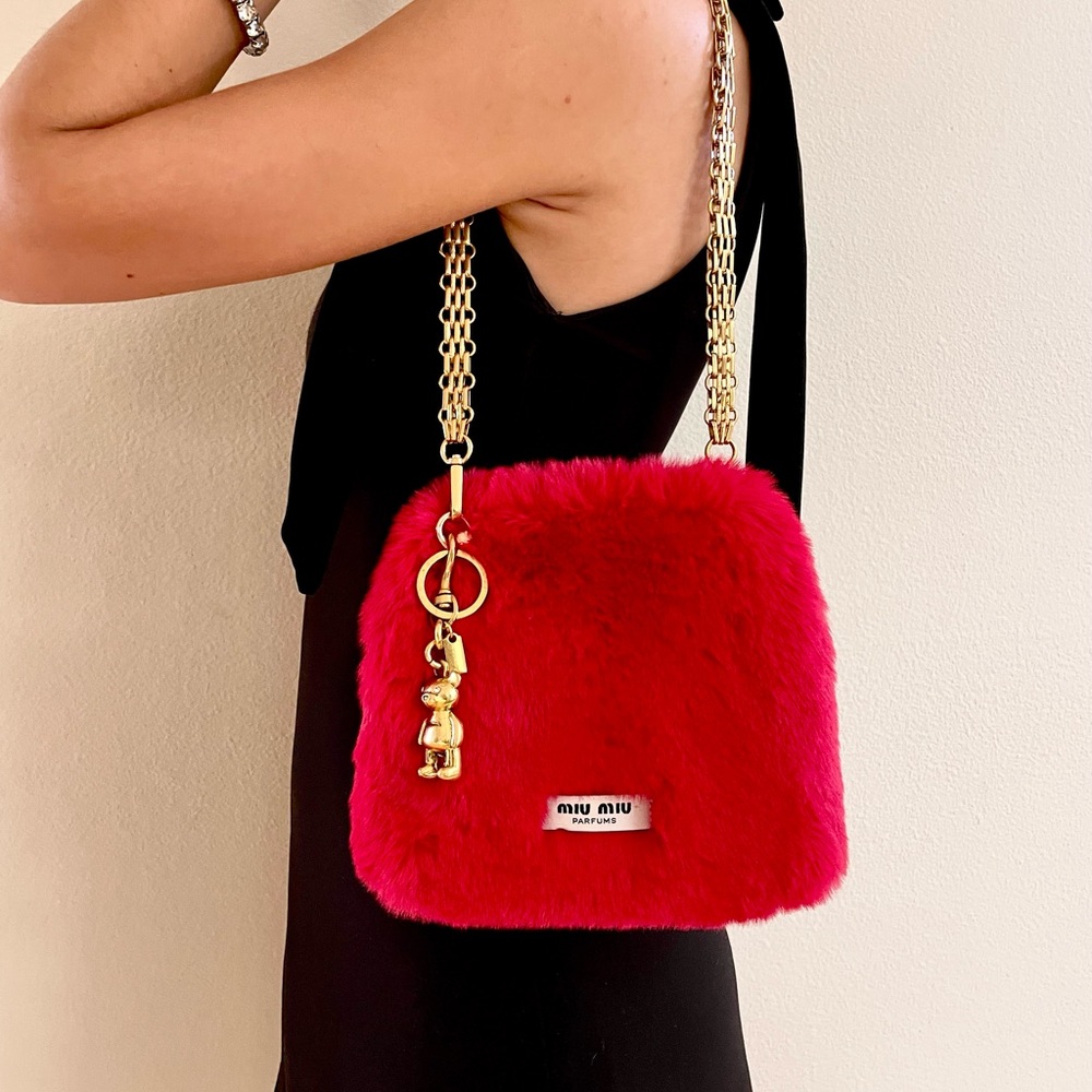 Miu Miu Red Fur Shoulder Bag with Gold Hardware
